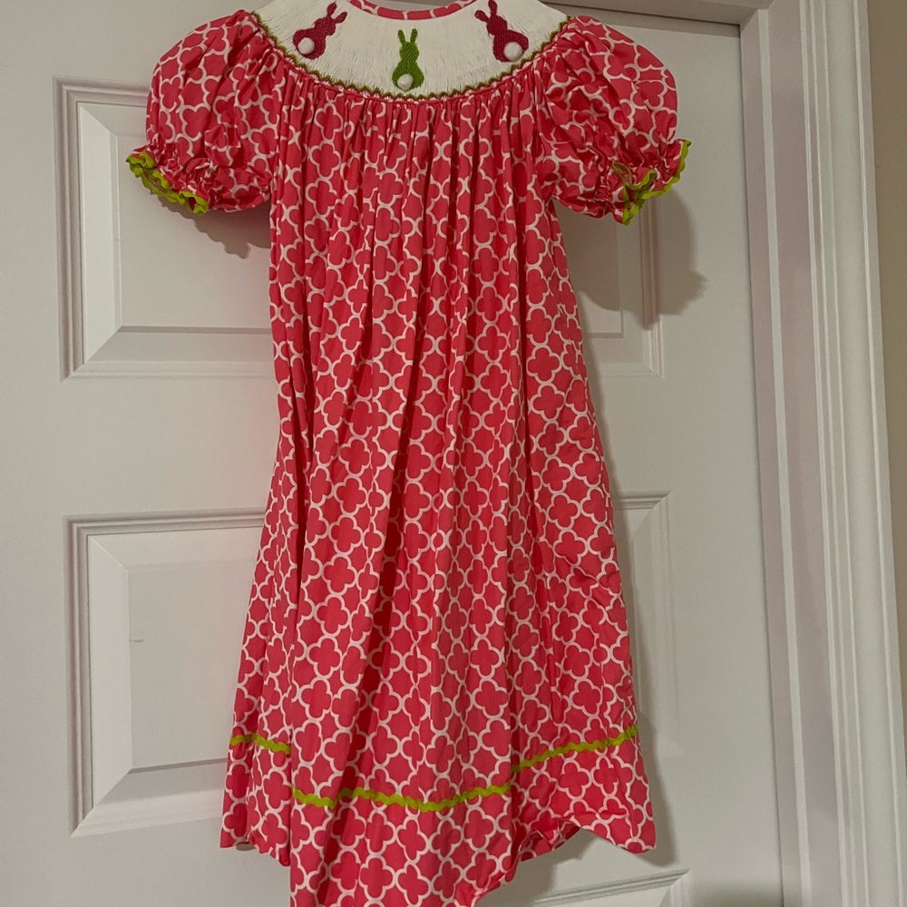 Smocked Girls - Pink and Green Patterned Dress with smocked bunnies Size 4T